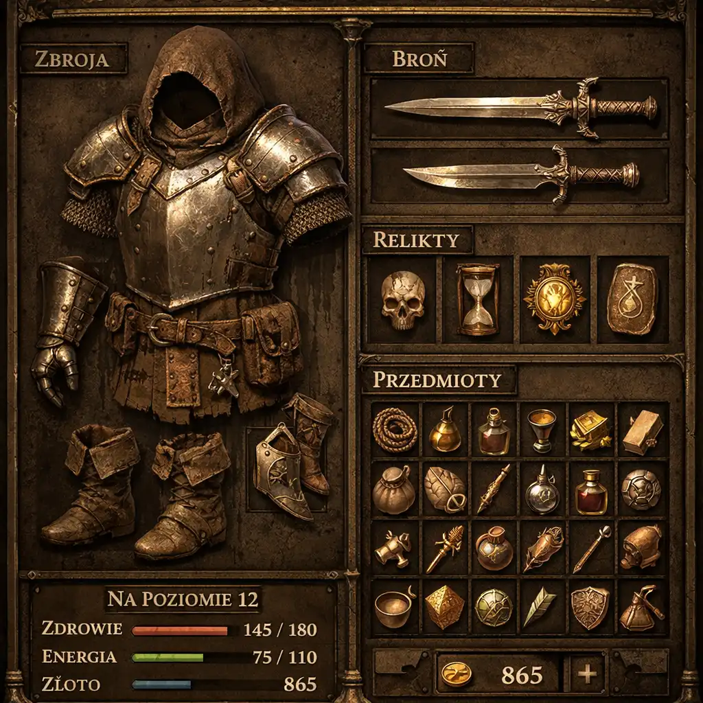 Szczegółowy widok ekwipunku postaci w The Fool’s Steps