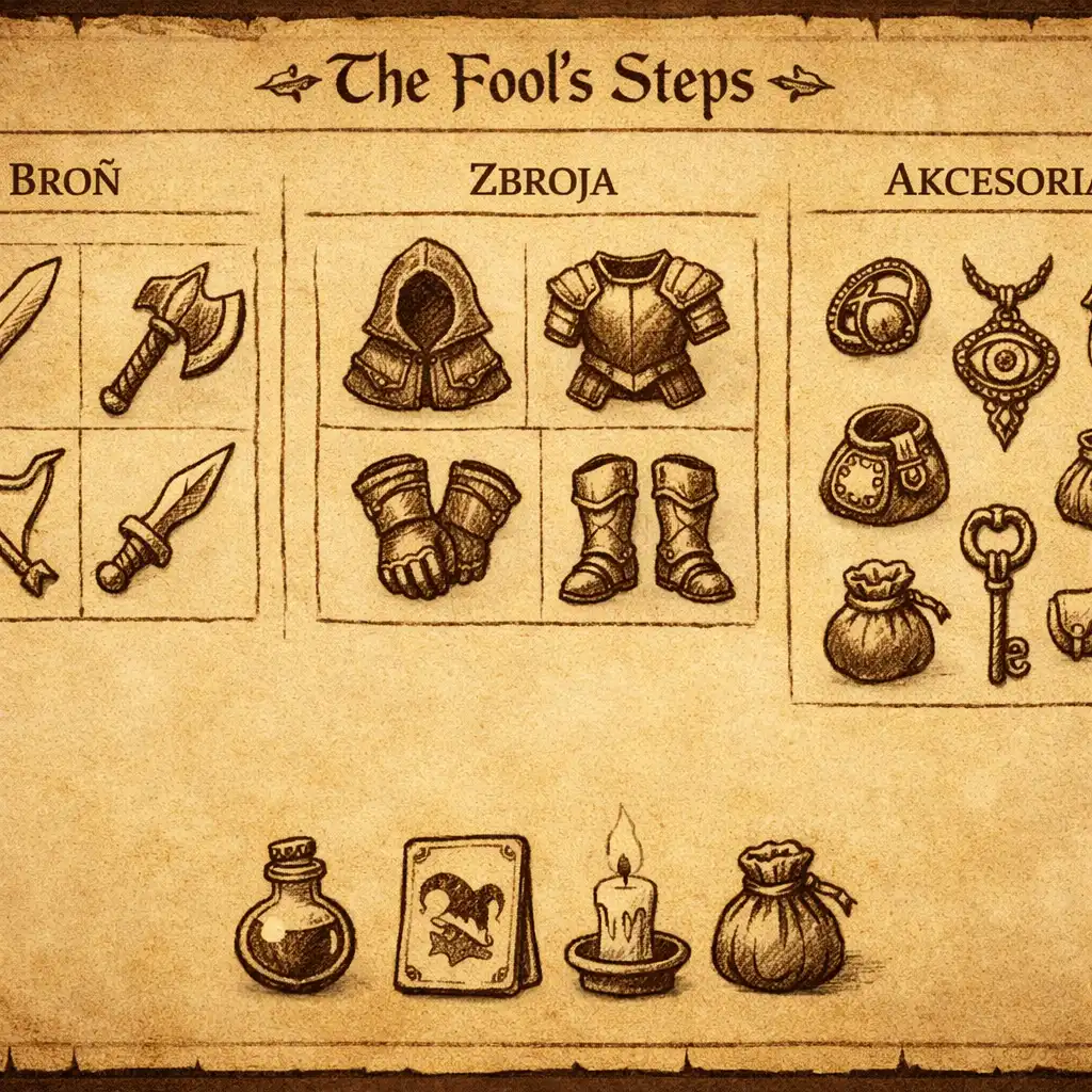 Siatka ekwipunku postaci w The Fool’s Steps z bronią, zbroją i akcesoriami