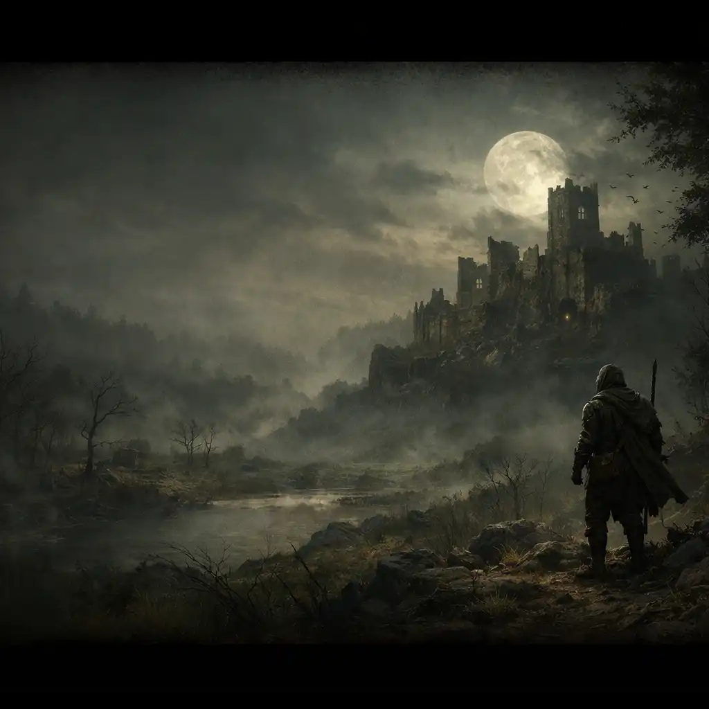Mroczny krajobraz dark fantasy z wędrowcem na skraju lasu, ruinami zamku i księżycem w tle