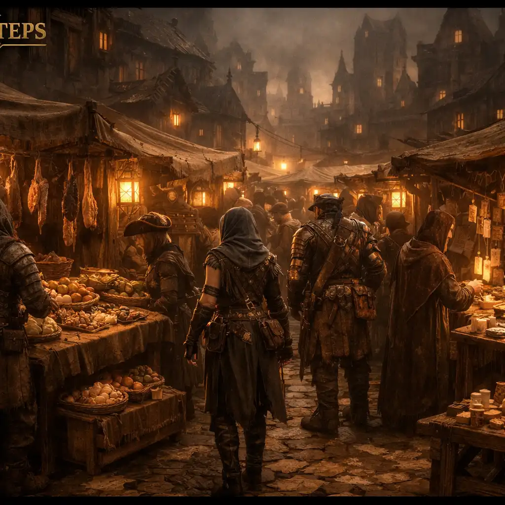 Rynek z graczami i straganami w The Fool’s Steps