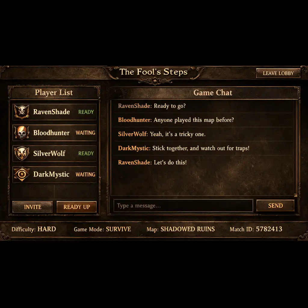 Interfejs multiplayer z czatem i listą graczy w The Fool’s Steps