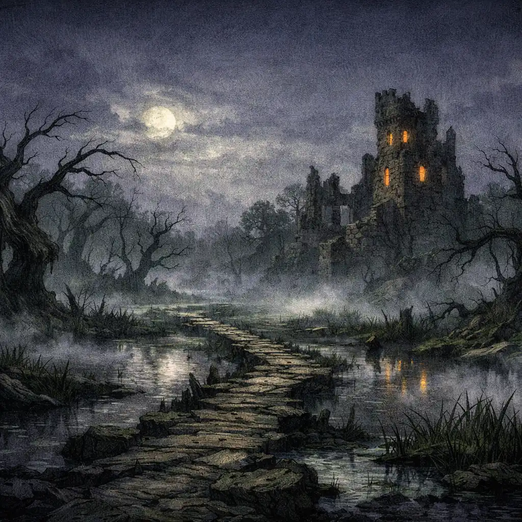 Mroczne bagna o zmierzchu z ruinami starej wieży w tle – lokacja z gry The Fool’s Steps