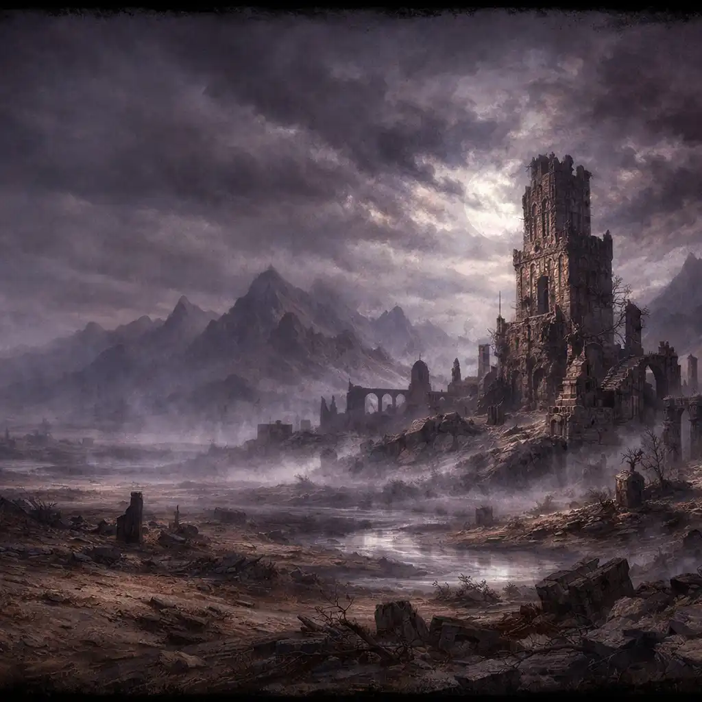 Rozległa panorama mrocznego świata fantasy z ruinami i mgłą
